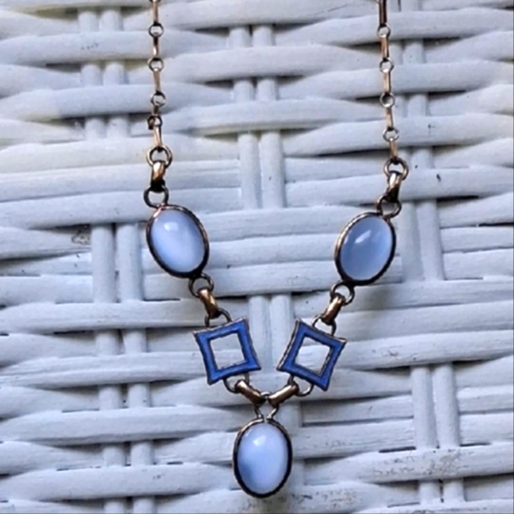 Blue Moonstone & Amco Stamped Silver Geometric Necklace art deco vintage